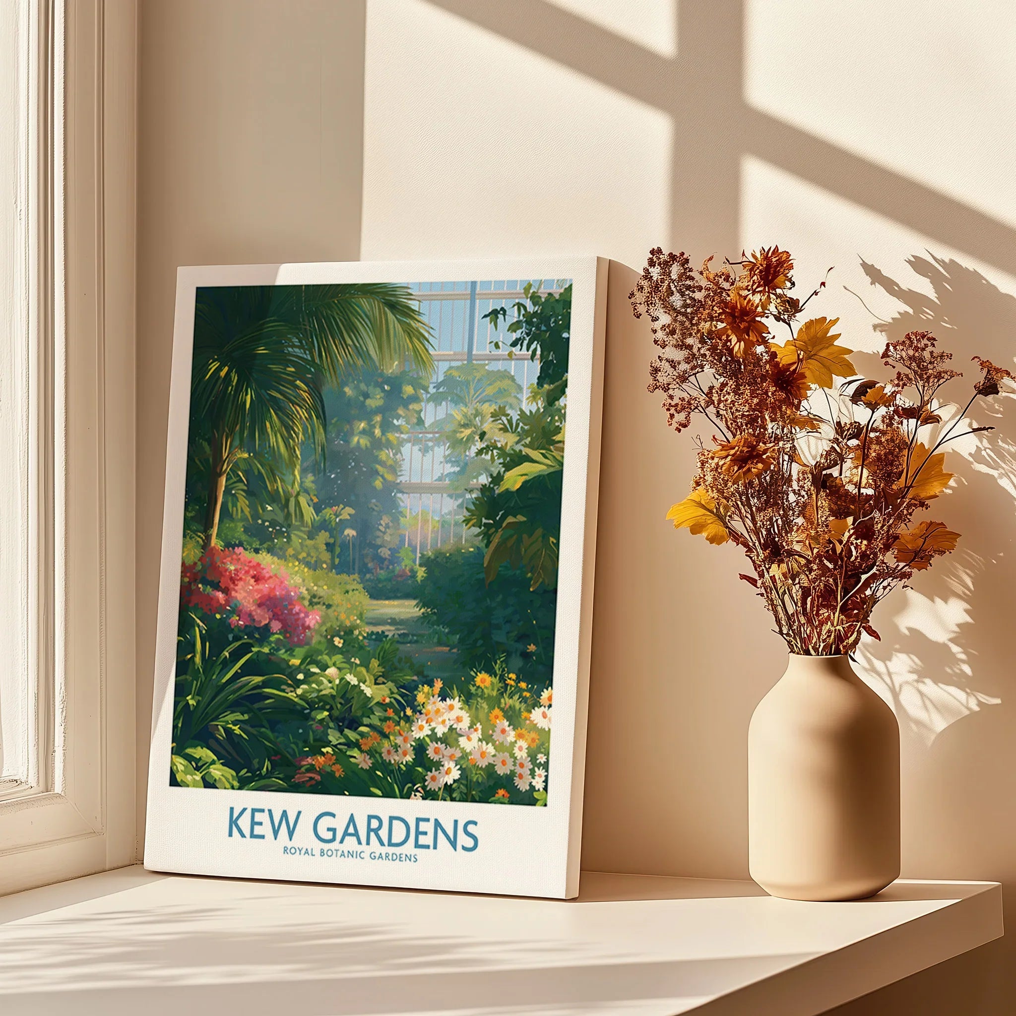Kew Gardens botanical canvas print displayed on windowsill with vase of dried flowers