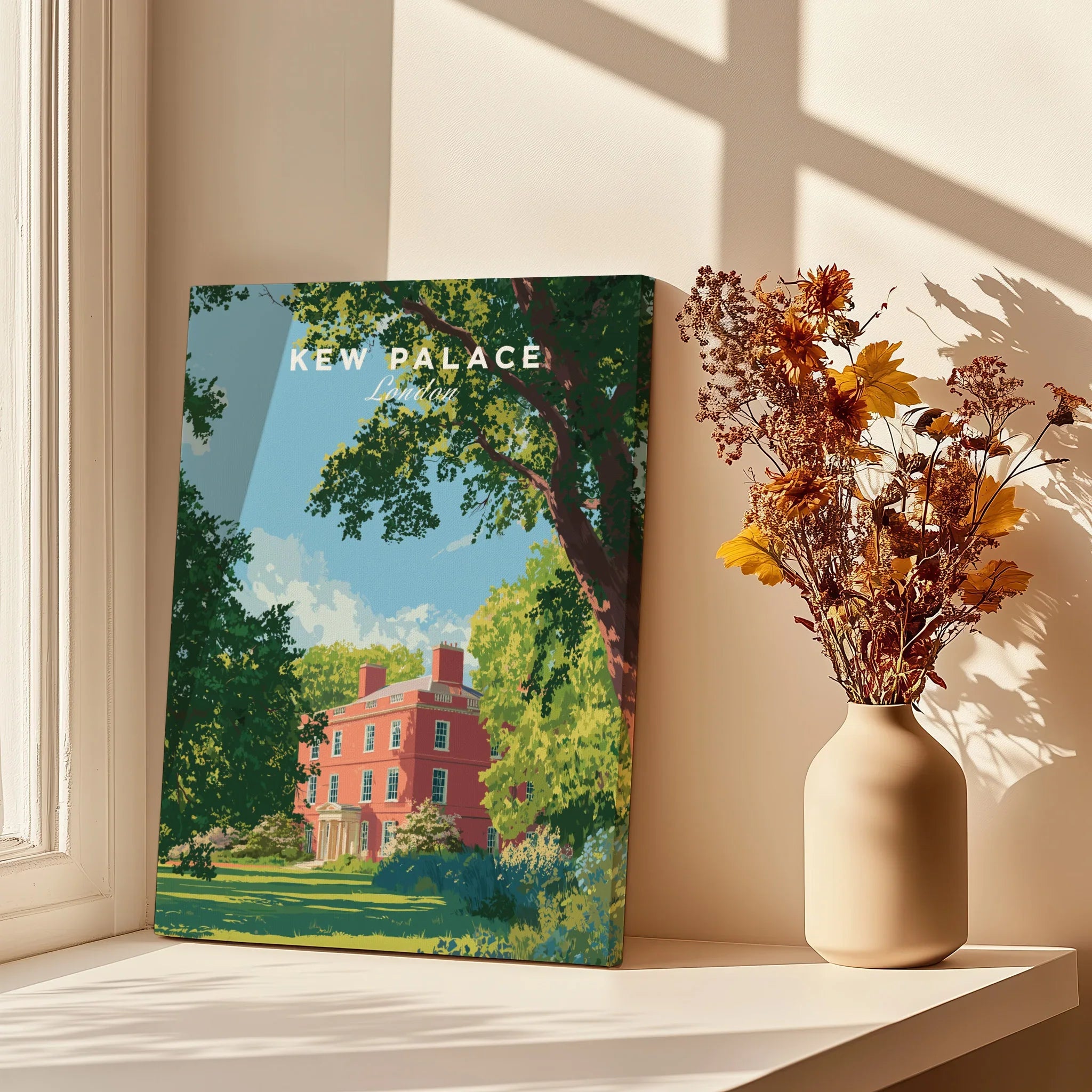 Kew Palace art print on windowsill with dried flowers in vase, sunlight casting shadows.