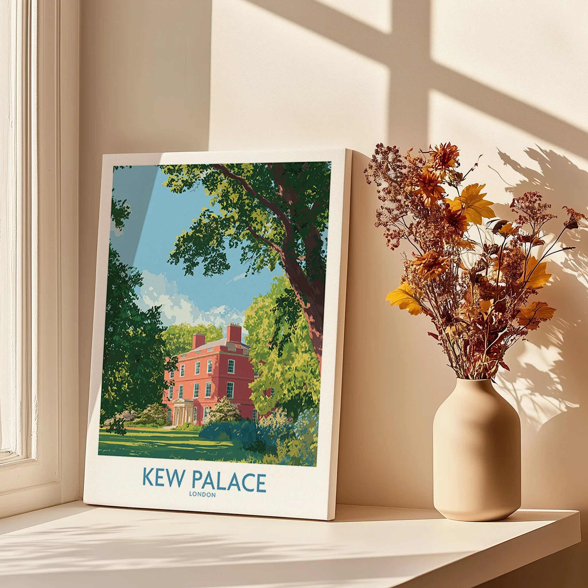 Kew Palace London travel poster print with autumn flowers on sunlit windowsill