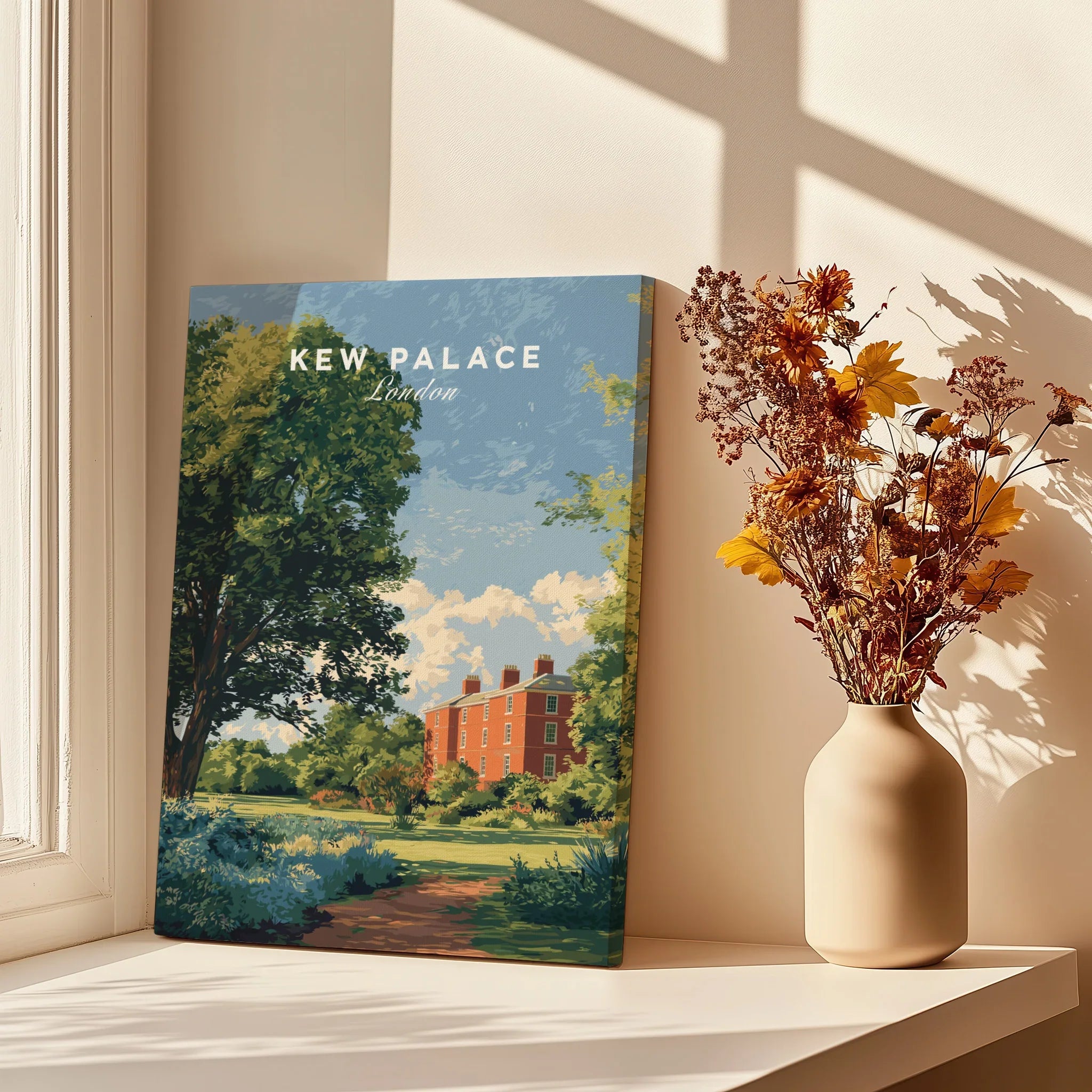 Kew Palace London travel poster canvas print by sunlit window and vase with dried flowers