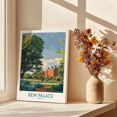 Canvas print of Kew Palace London on windowsill with vase of dried flowers, warm sunlight.