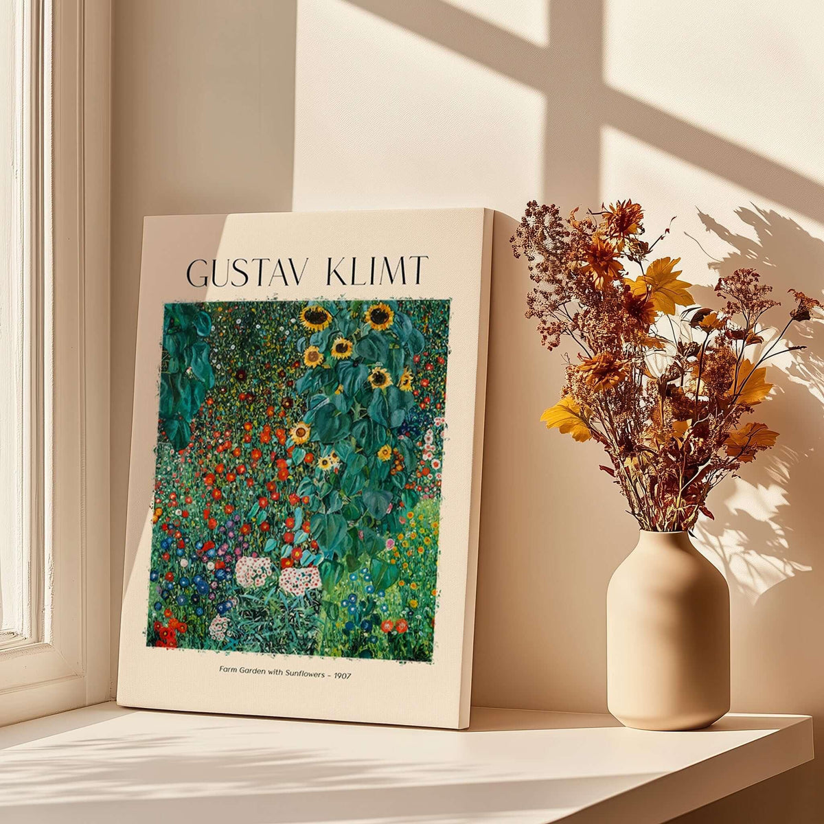 Gustav Klimt Art Print - Farm Garden with Sunflowers 1907 - Art Nouveau Landscape Poster Wall Decor displayed with flowers.