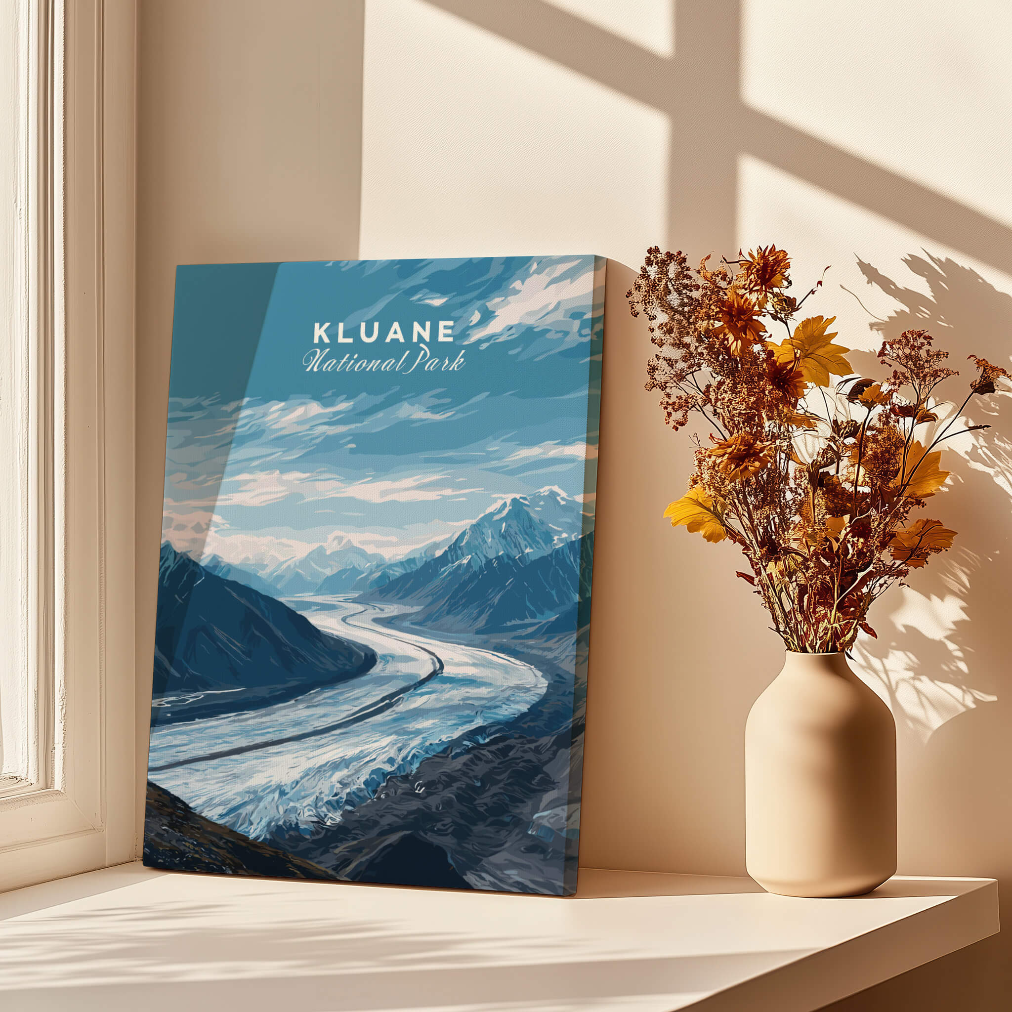 Kluane Wall Art Print National Park Canada  | Yukon Glacier Landscape Travel Poster displayed in a sunlit room.
