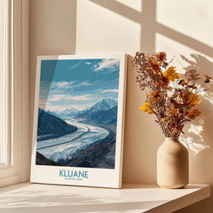 Kluane Poster National Park Canada  | Snow Capped Mountains Canvas Print showcasing majestic peaks and river against blue skies.
