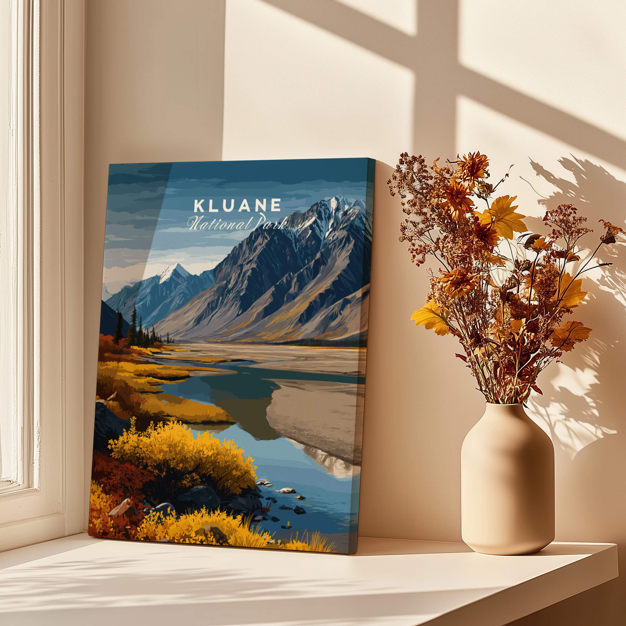 Kluane Travel Poster National Park Canada | Yukon Valley Wall Art Print featuring stunning autumn landscape.