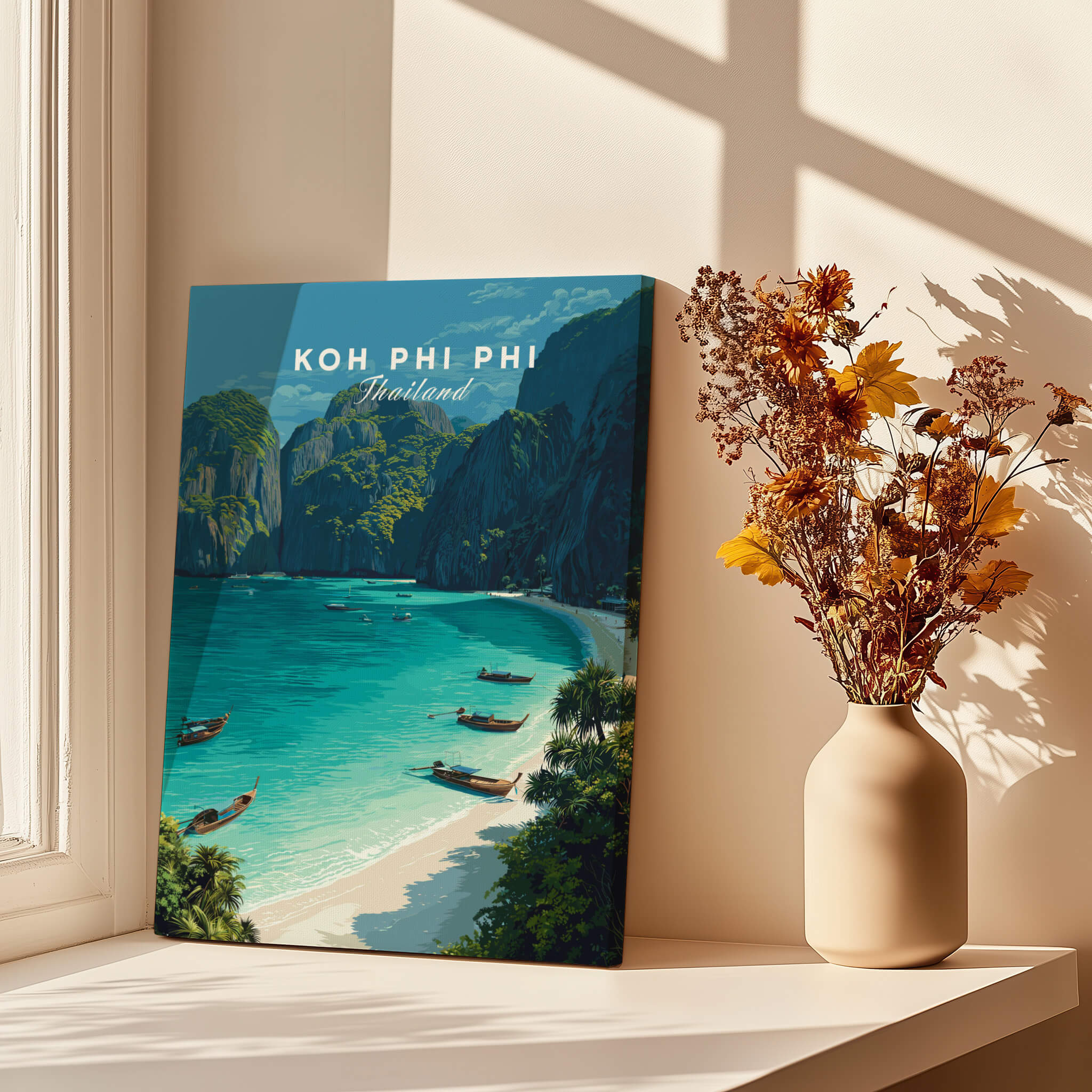 Koh Phi Phi Thailand Travel Poster | Maya Bay Tropical Beach Wall Art Print featuring tropical beach and boats.