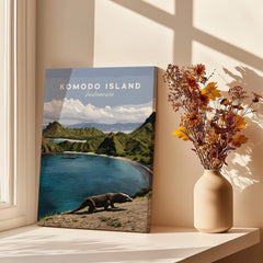 Komodo Island travel poster print on windowsill with dried flowers and sunlight shadows