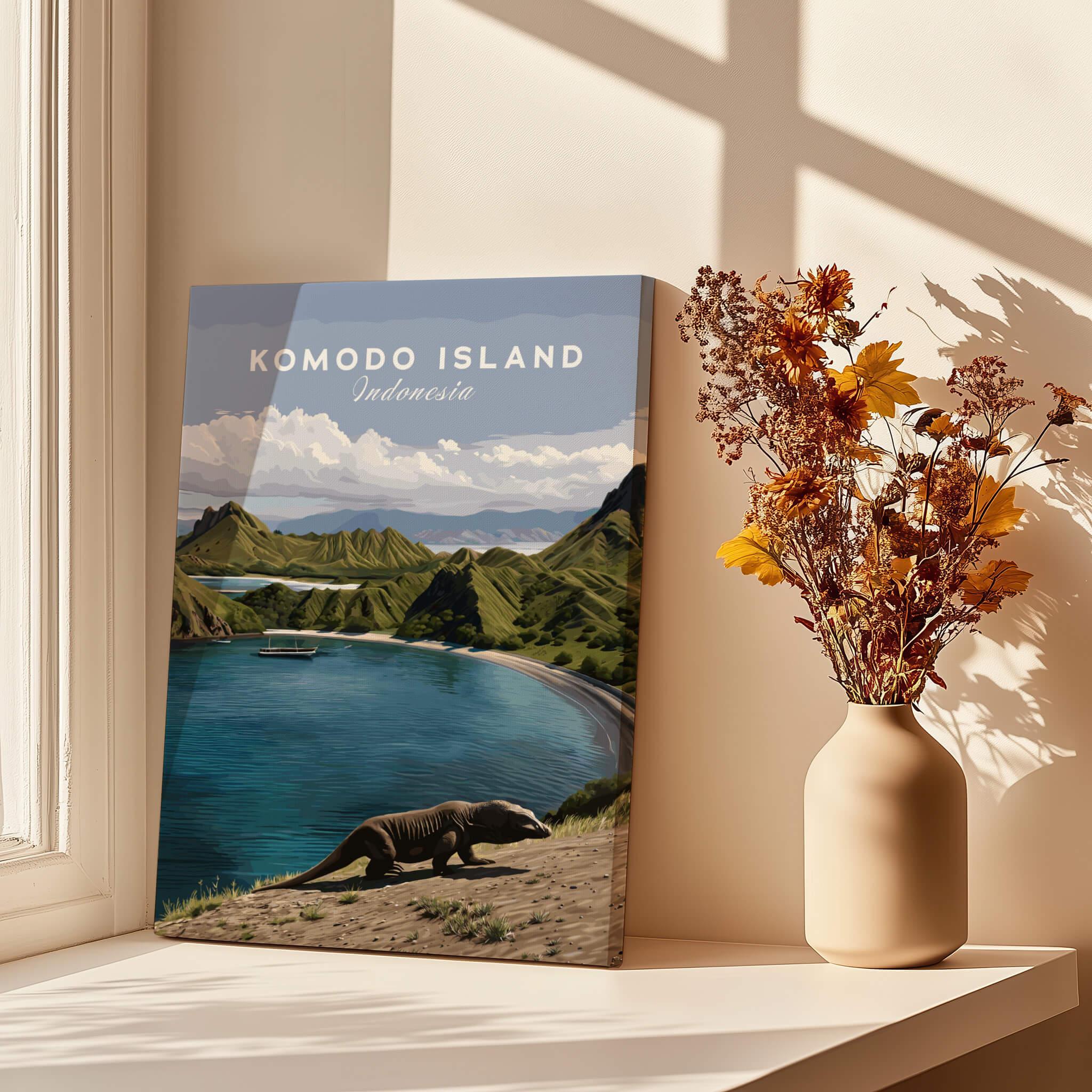 Komodo Island travel poster print on windowsill with dried flowers and sunlight shadows