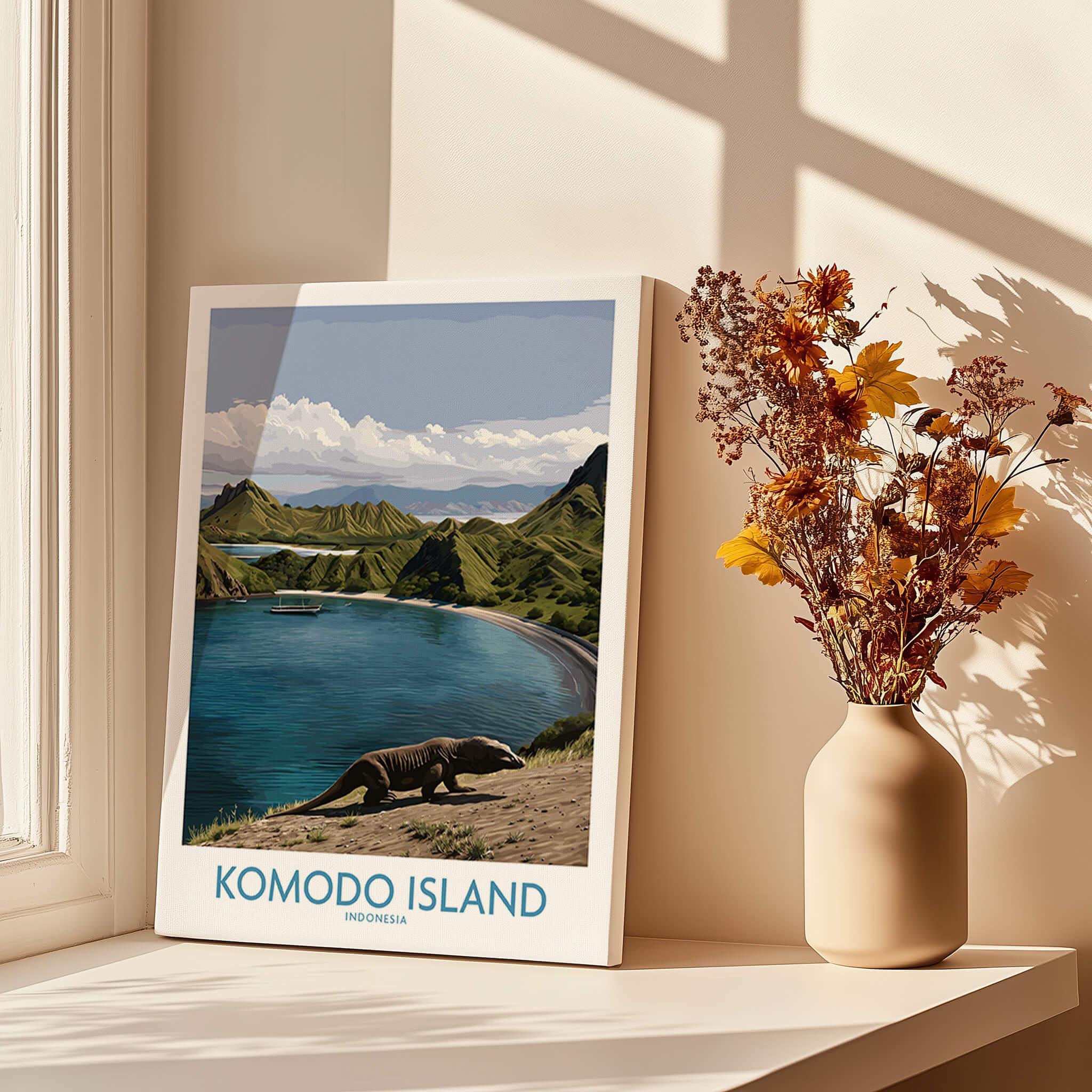 Komodo Island travel poster canvas print by a sunny window with vase of dried flowers