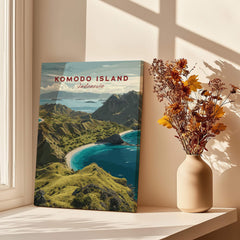 Komodo Island travel poster print on a windowsill with vase of dried flowers, home decor art
