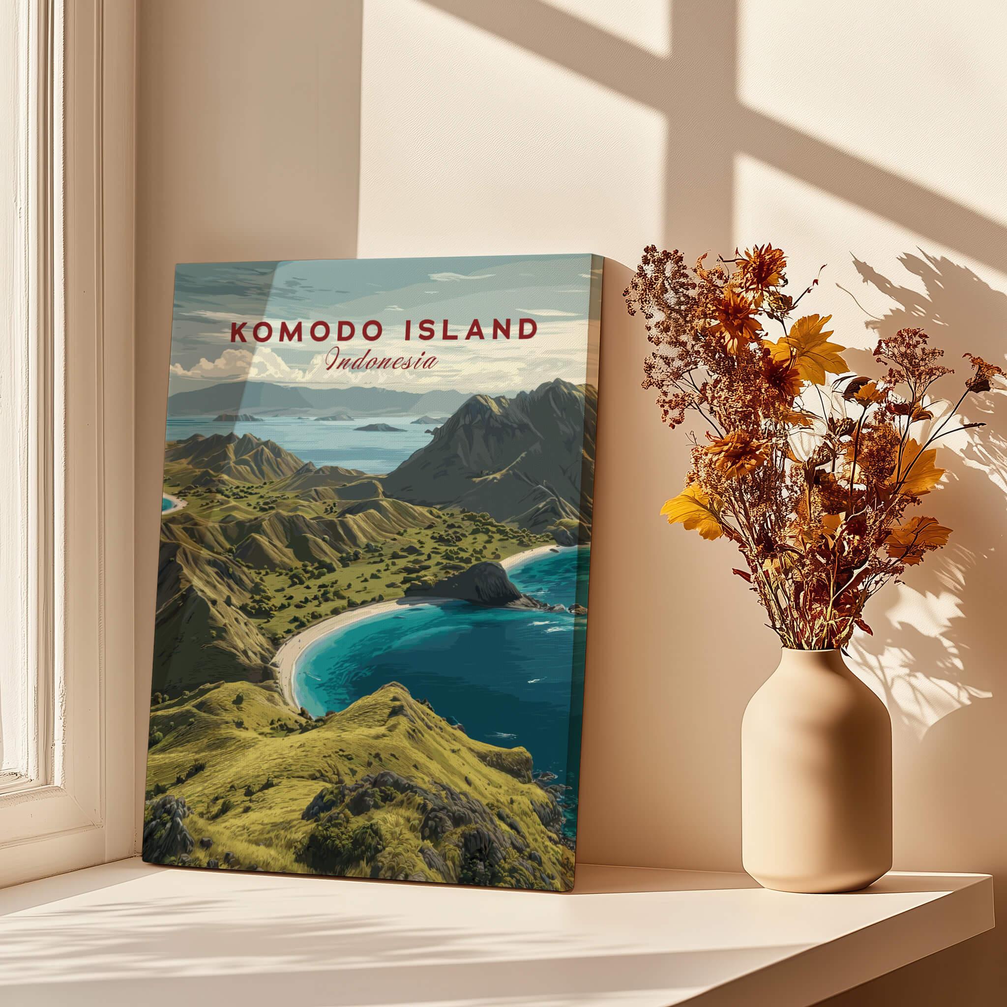 Komodo Island travel poster print on a windowsill with vase of dried flowers, home decor art