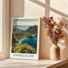 Komodo Island travel poster canvas print by a window with autumn flowers in a vase