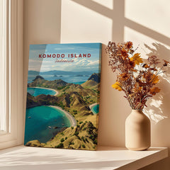 Komodo Island travel poster canvas on window sill, sunlit with vase of dried flowers