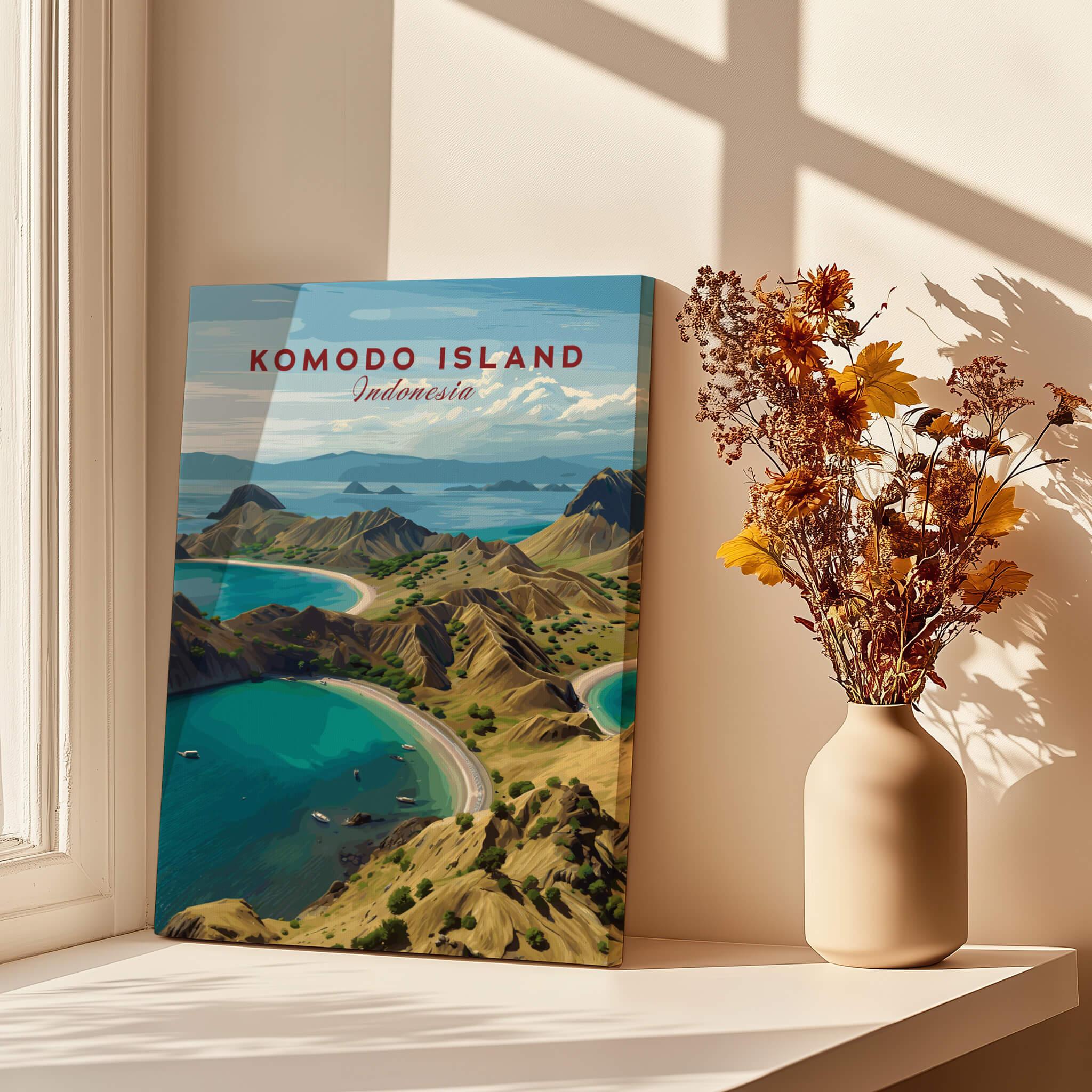 Komodo Island travel poster canvas on window sill, sunlit with vase of dried flowers