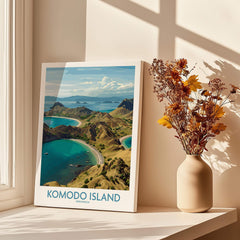 Komodo Island travel poster print on windowsill with flowers and sunlight