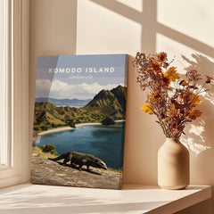Komodo Island Indonesia travel poster canvas print by window with dried flowers in vase