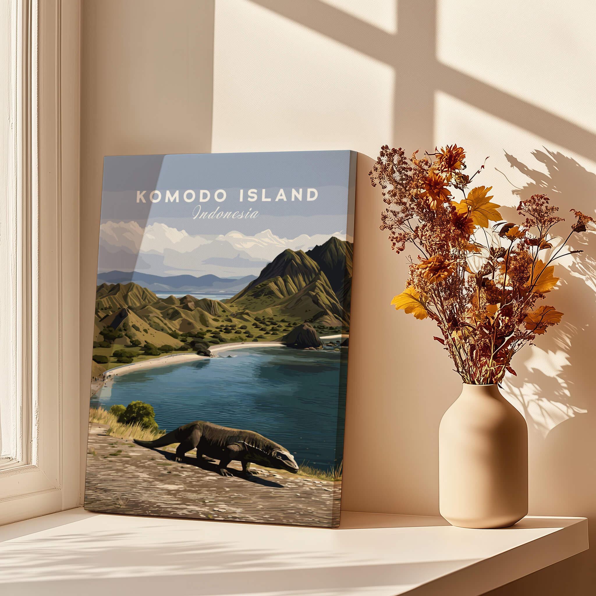 Komodo Island Indonesia travel poster canvas print by window with dried flowers in vase