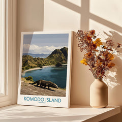 Komodo Island travel poster canvas on windowsill with dried flowers and natural light