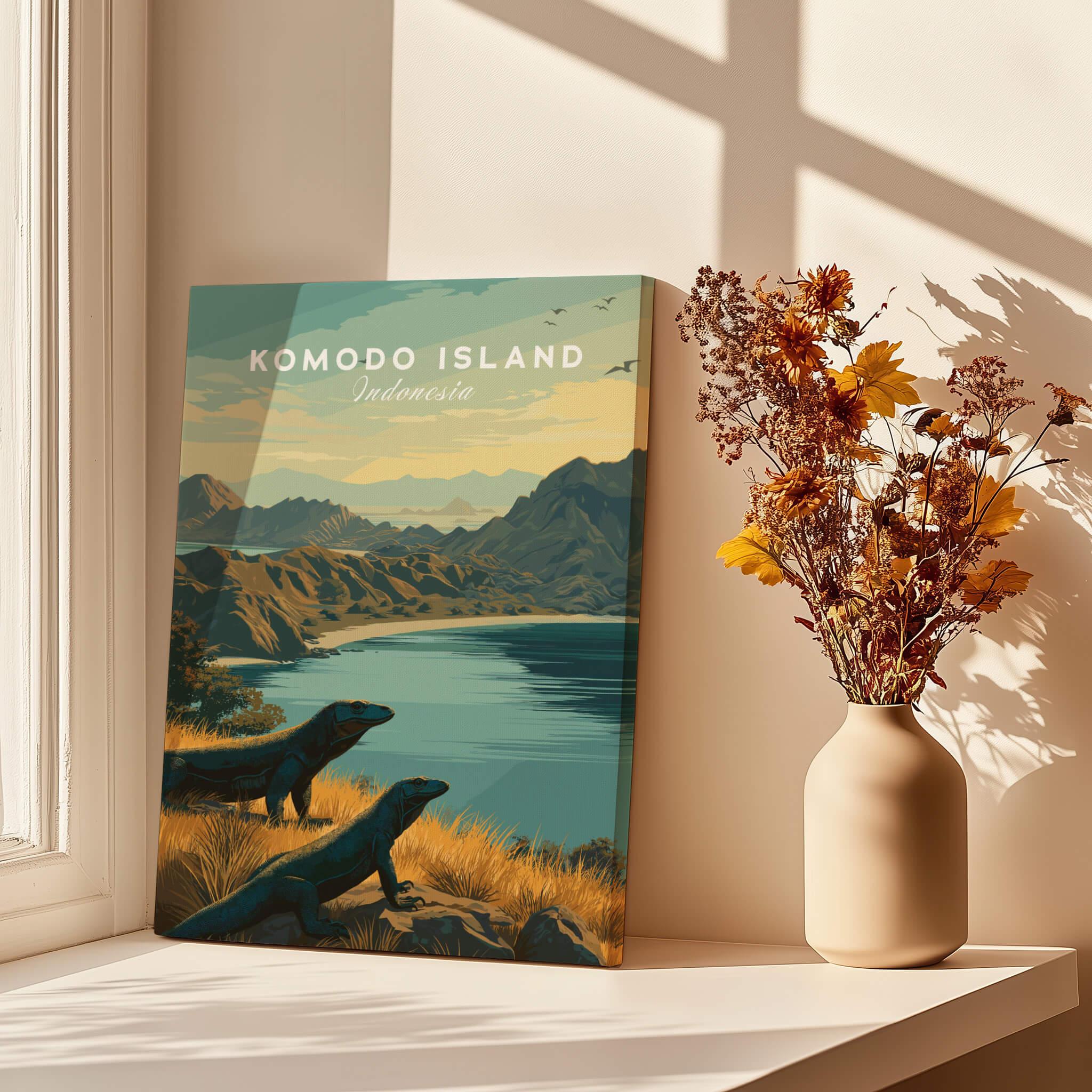 Komodo Island travel poster print on windowsill with vase of dried flowers and sunlight.