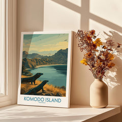 Komodo Island travel poster print by window with shadows and dried floral vase