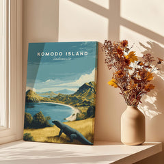 Komodo Island travel poster canvas print on windowsill with vase of dried flowers