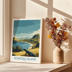 Komodo Island travel poster canvas print on windowsill with dried flowers, sunlight and shadows