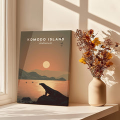 Komodo Island travel poster print with sunset and Komodo dragon on window sill beside vase of flowers