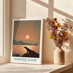 Komodo Island travel poster print on windowsill with sunset and dried flower vase decor
