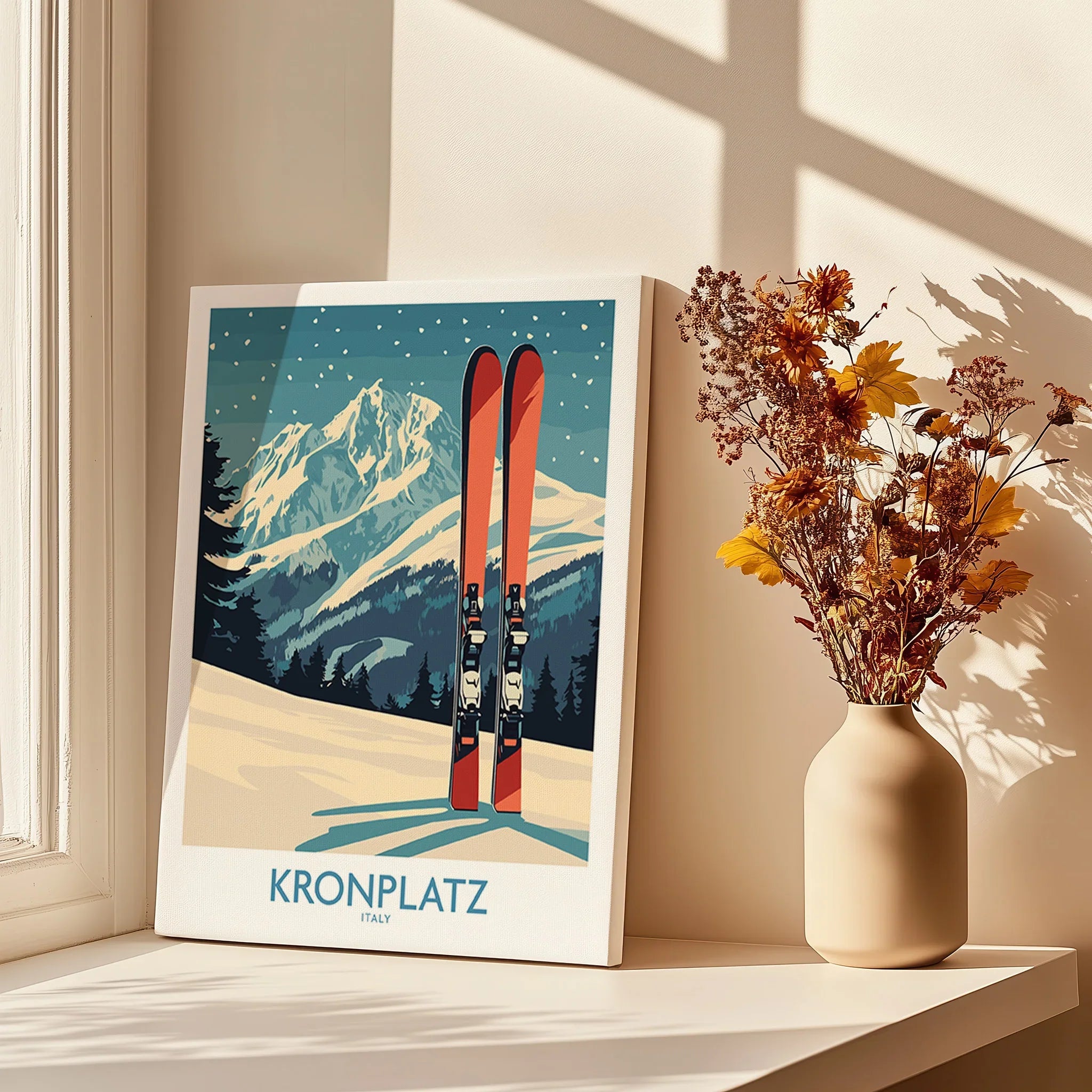 Kronplatz Italy travel poster print with skis, snow-capped mountains, and vase of flowers on sunlit windowsill.