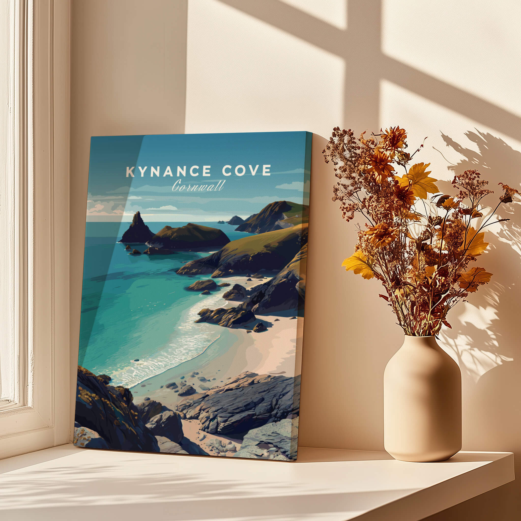 Kynance Cove Cornwall Wall Art Print | British Coastline Landscape Travel Poster displayed near a vase of flowers.