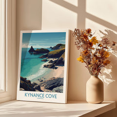 Kynance Cove Cornwall Poster | Scenic Sea Cliffs & Beach Canvas Print displayed with a vase of flowers.