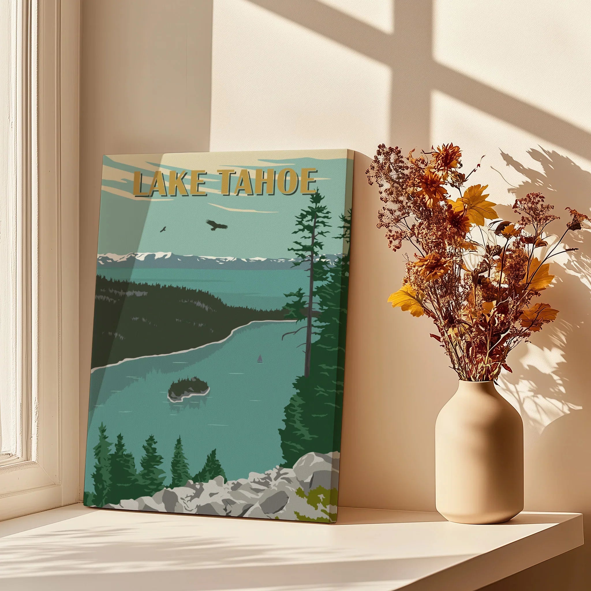 Lake Tahoe canvas print with nature illustration next to dried flowers in sunlight on windowsill
