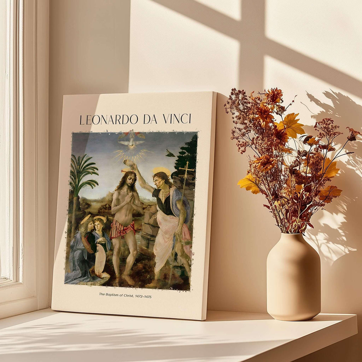 Leonardo da Vinci Art Print The Baptism of Christ 1470s featuring the painting's details and frame placement.
