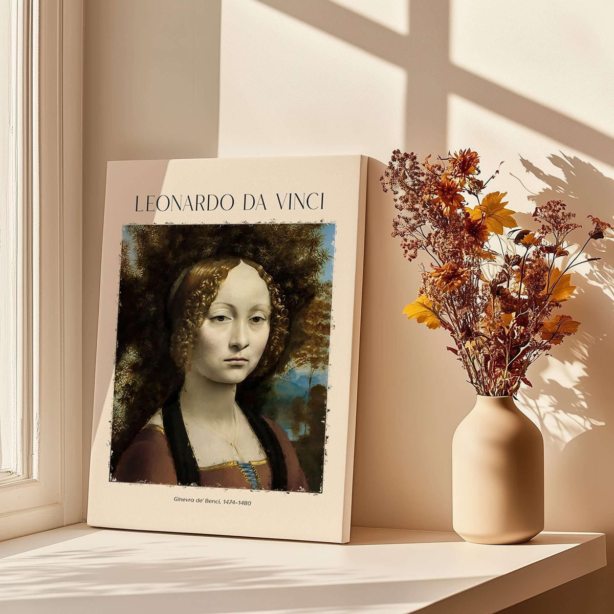 Leonardo da Vinci Art Print - Ginevra de Benci c1474 Early Renaissance Portrait Art Print displayed in a sunlit room.