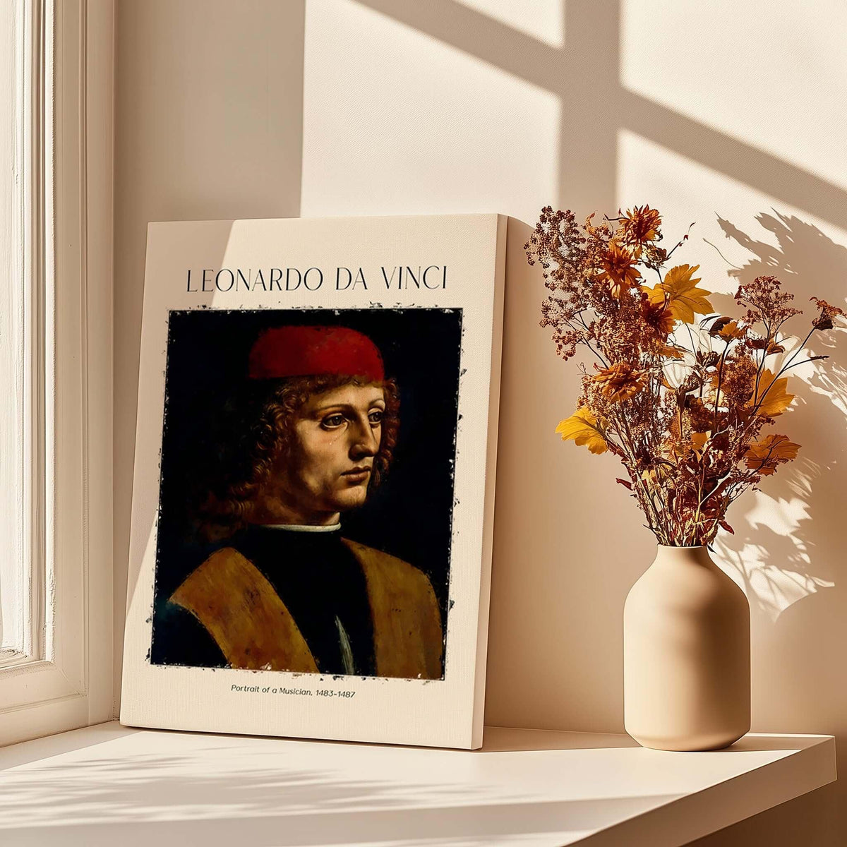 Leonardo da Vinci Art Print -  Portrait of a Musician 1480s Early Male Portrait Art Print displayed on a windowsill.