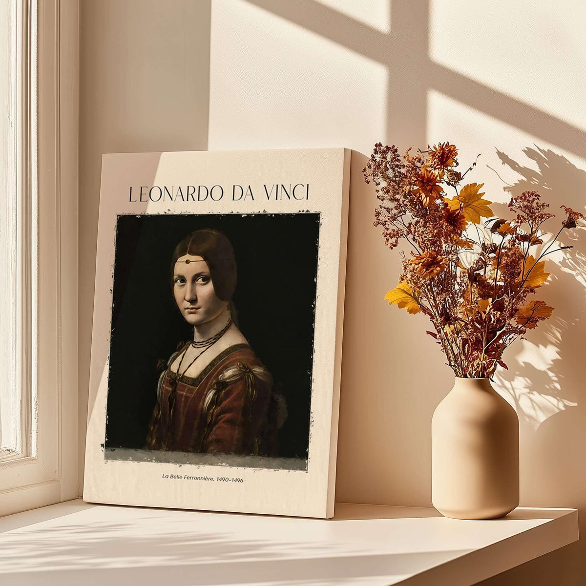 Leonardo da Vinci La Belle Ferronnière 1490s Renaissance Portrait Art Print displayed on a wall next to flowers.
