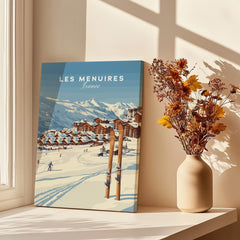 Les Menuires travel poster print on windowsill with dried flowers and mountain ski scene