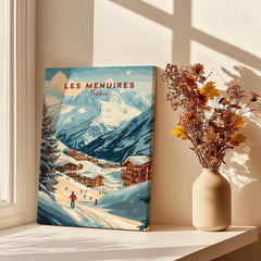 Les Menuires France travel poster canvas print on windowsill with dried flowers and sunlight