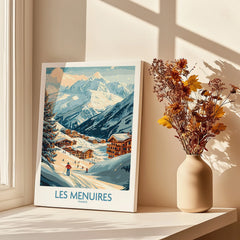 Les Menuires ski resort travel poster on windowsill with shadows and vase of dried flowers