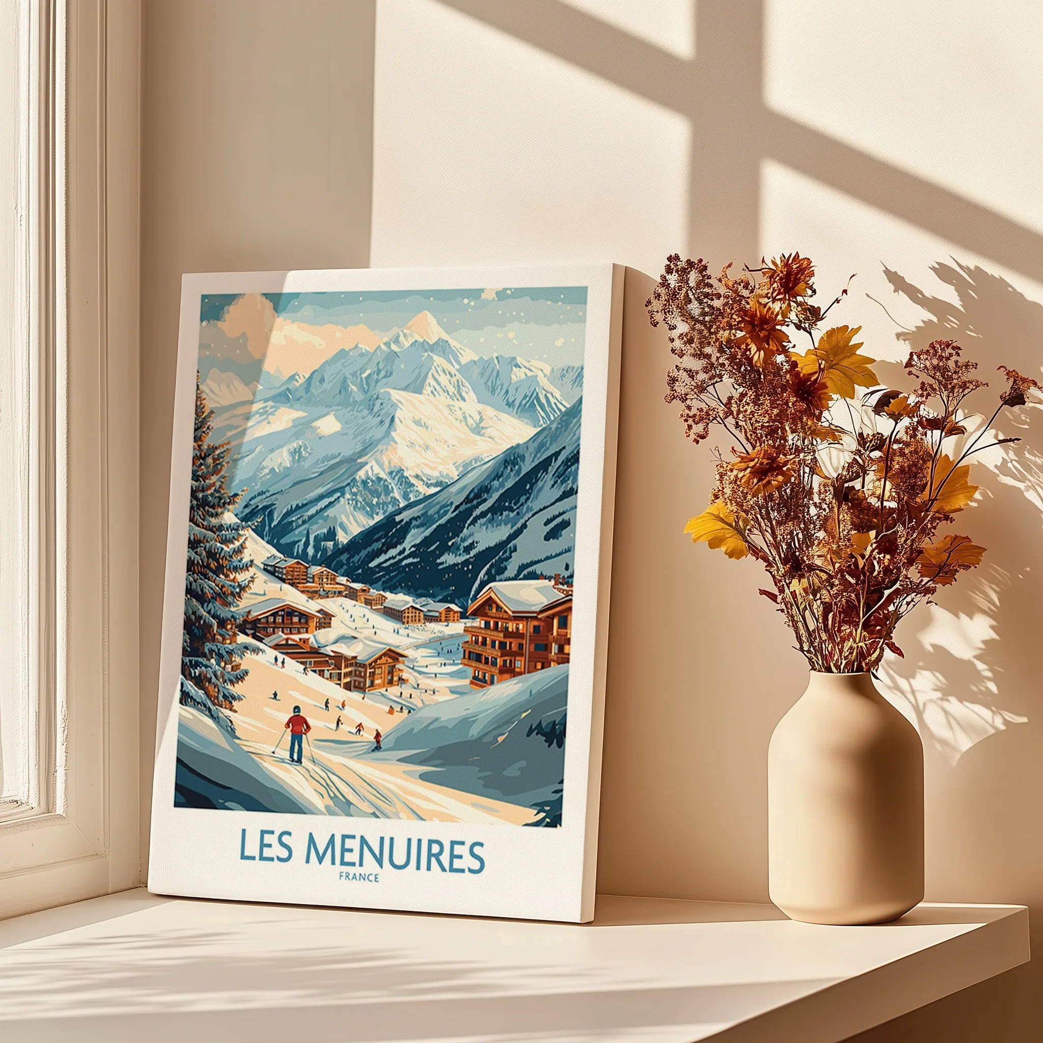 Les Menuires ski resort travel poster on windowsill with shadows and vase of dried flowers