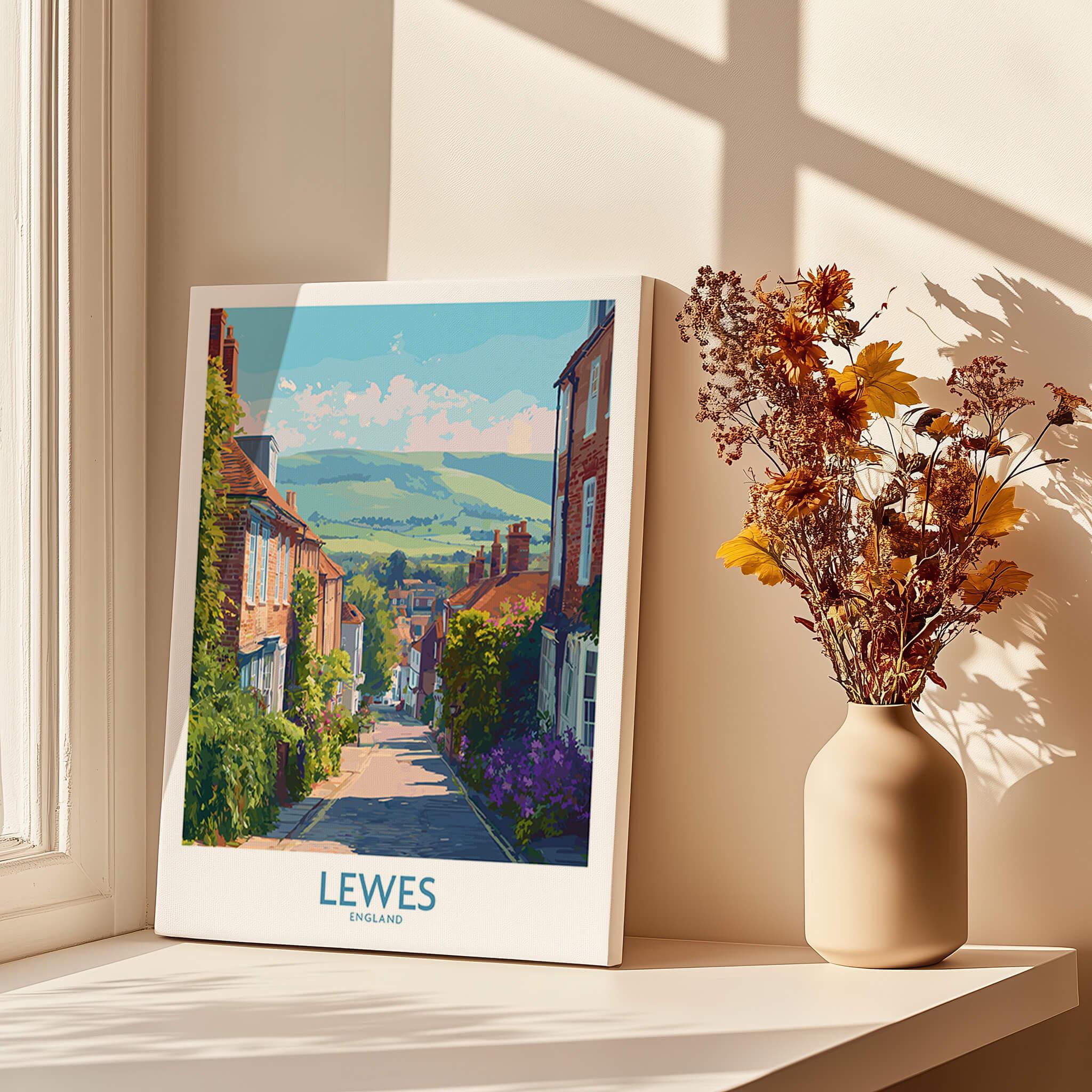 Lewes England travel poster canvas print on windowsill with vase of dried flowers