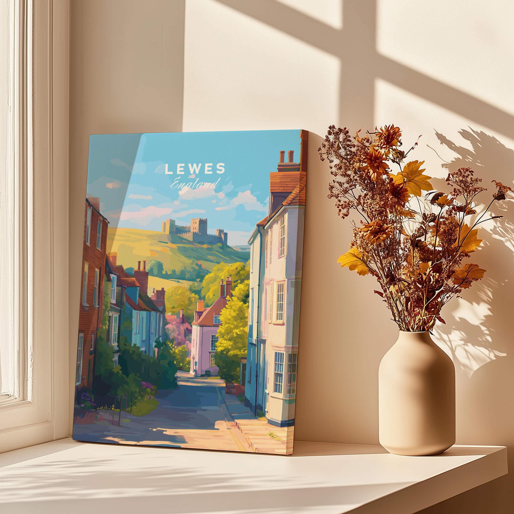 Lewes England travel poster canvas print on windowsill with vase of dried flowers in sunlight