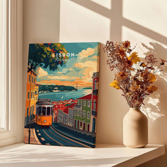 Lisbon Travel Print featuring vibrant streetcar scene in Lisbon, Portugal with beautiful views and colors.