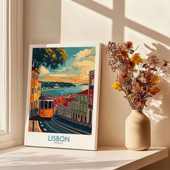 Lisbon Print - Portugal showcasing the iconic yellow tram and colorful buildings with a scenic view.