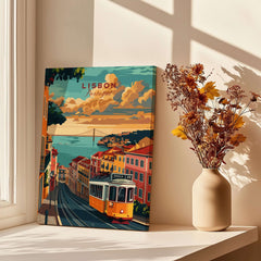 Lisbon Travel Poster featuring iconic Tram 28 against a scenic backdrop of Lisbon, Portugal, perfect for travel enthusiasts.