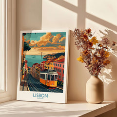 Lisbon Poster - Portugal featuring a classic Tram 28 in a vibrant cityscape with flowers in the background.