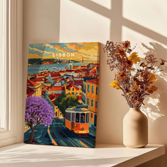Lisbon Wall Art Poster featuring vibrant Jacaranda trees and iconic Tram 28 in a colorful cityscape.