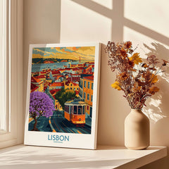 Lisbon Art Print featuring Jacaranda trees and tram 28, depicting the colorful streets of Portugal.