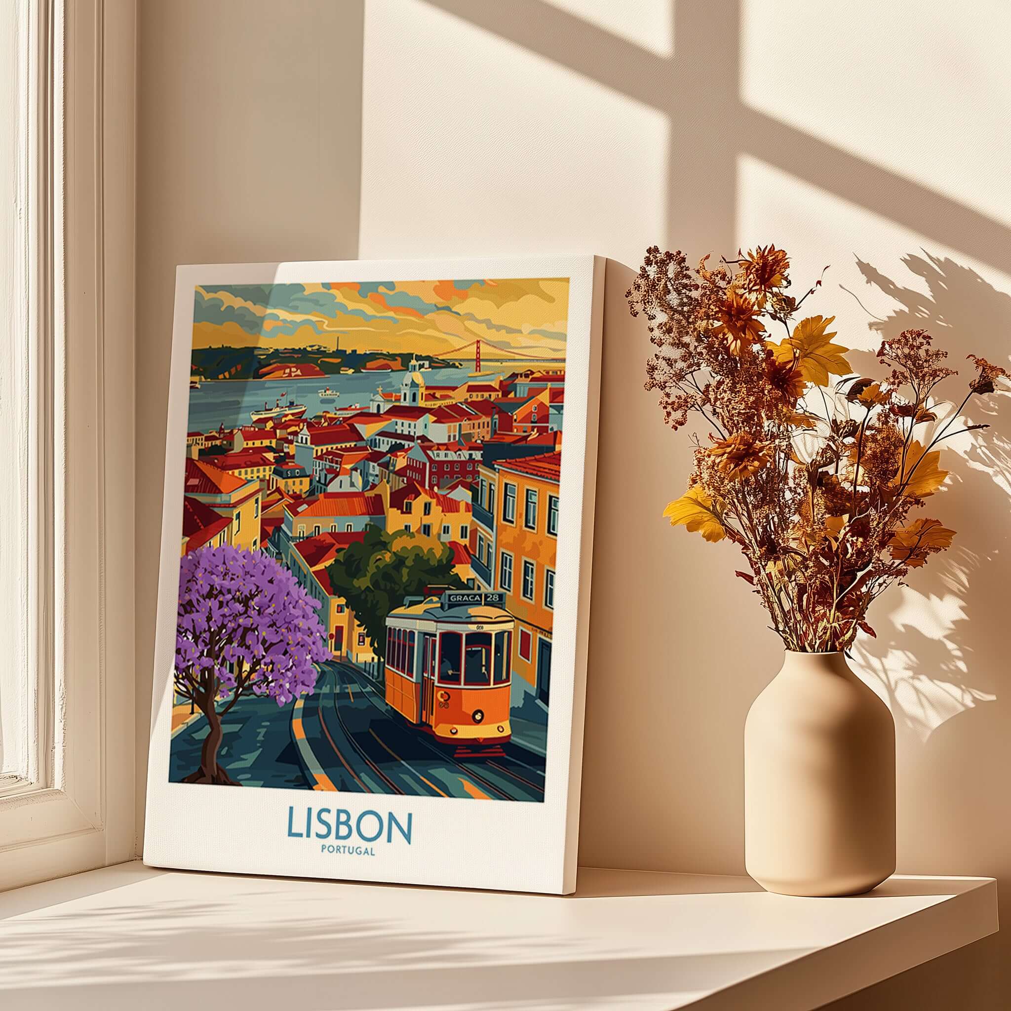 Lisbon Art Print featuring Jacaranda trees and tram 28, depicting the colorful streets of Portugal.