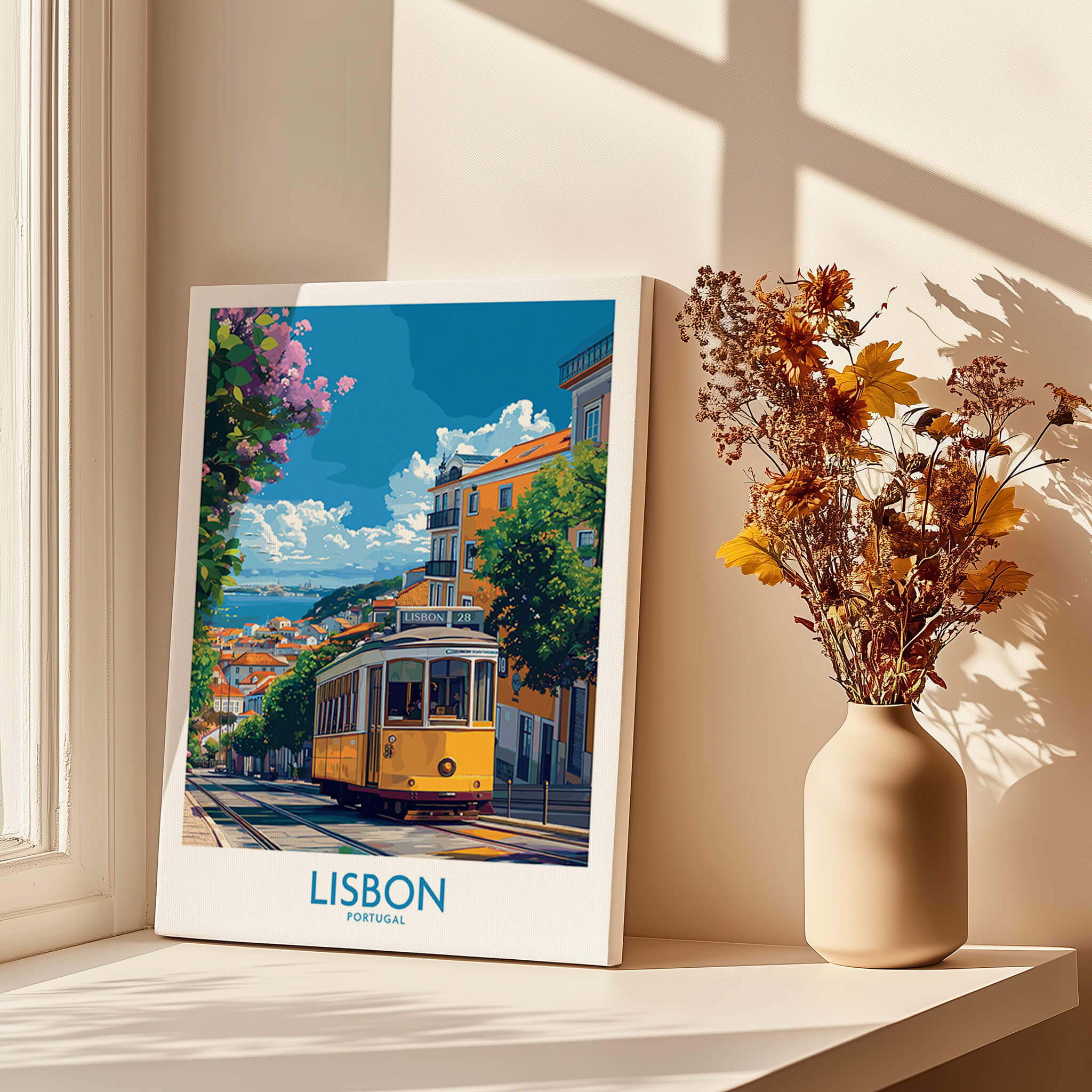Lisbon Portugal Yellow Tram 28 Art Print | Alfama Hills Wall Decor in a sunlit room with flowers.